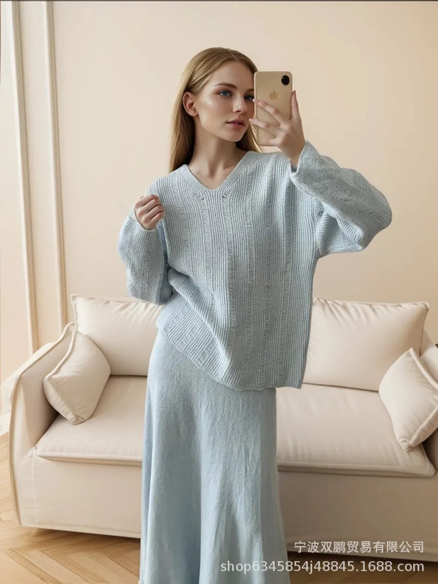 Athvotar Athvotar Loose Knitting Suit Women 2025 Autumn And Winter New Round-Neck Sweater + Fishtail Skirt Real Shot