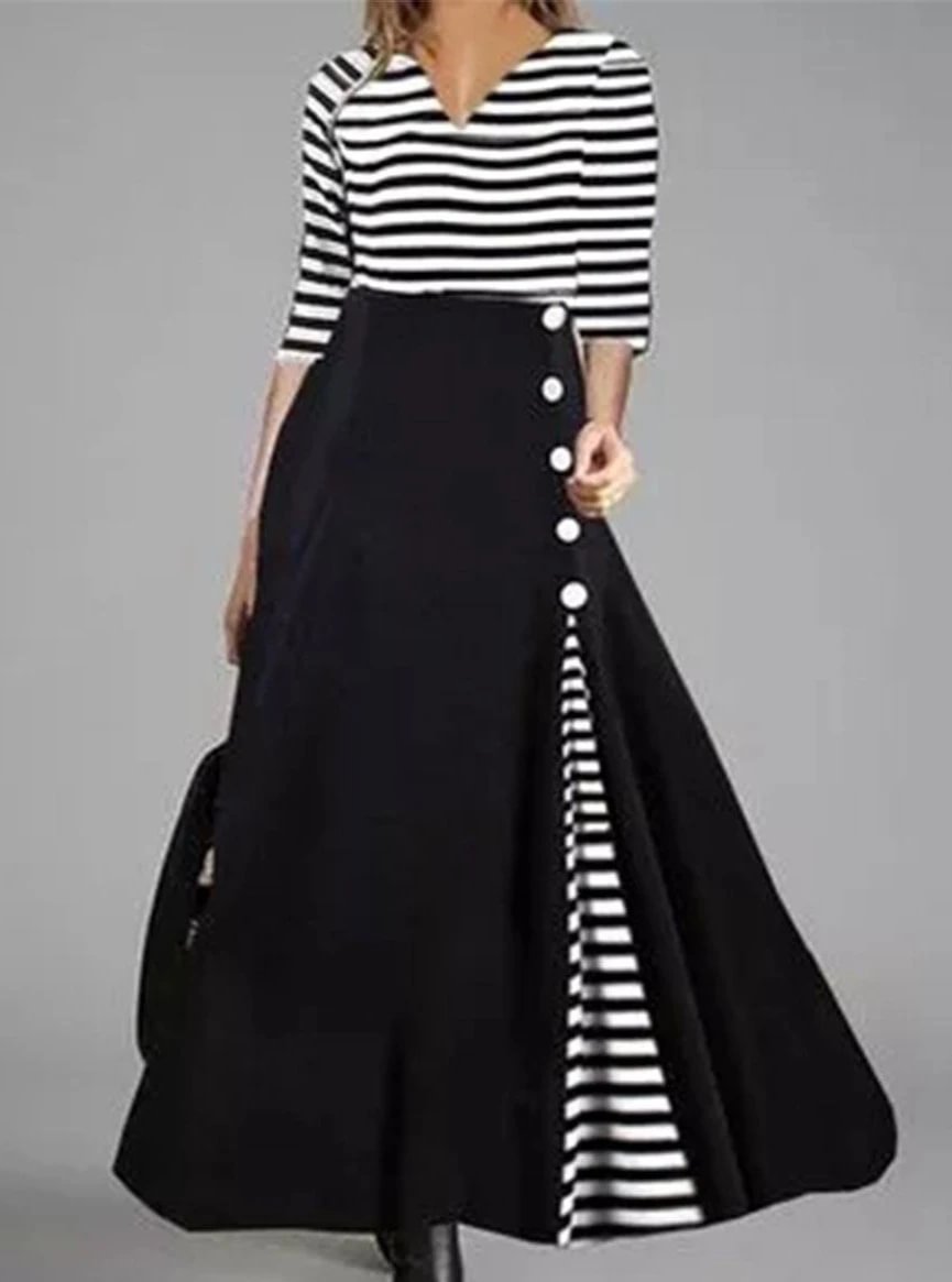 Fashion Striped Printed Round Neck Long Sleeve Casual Maxi Dress Black Dresses | EGEMISS