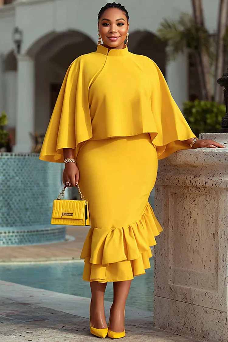 Xpluswear Design Plus Size Formal Yellow Mock Neck Long Sleeve Ruffle Two Piece Dress Sets [Pre-Order] 2024 - Xpluswear
