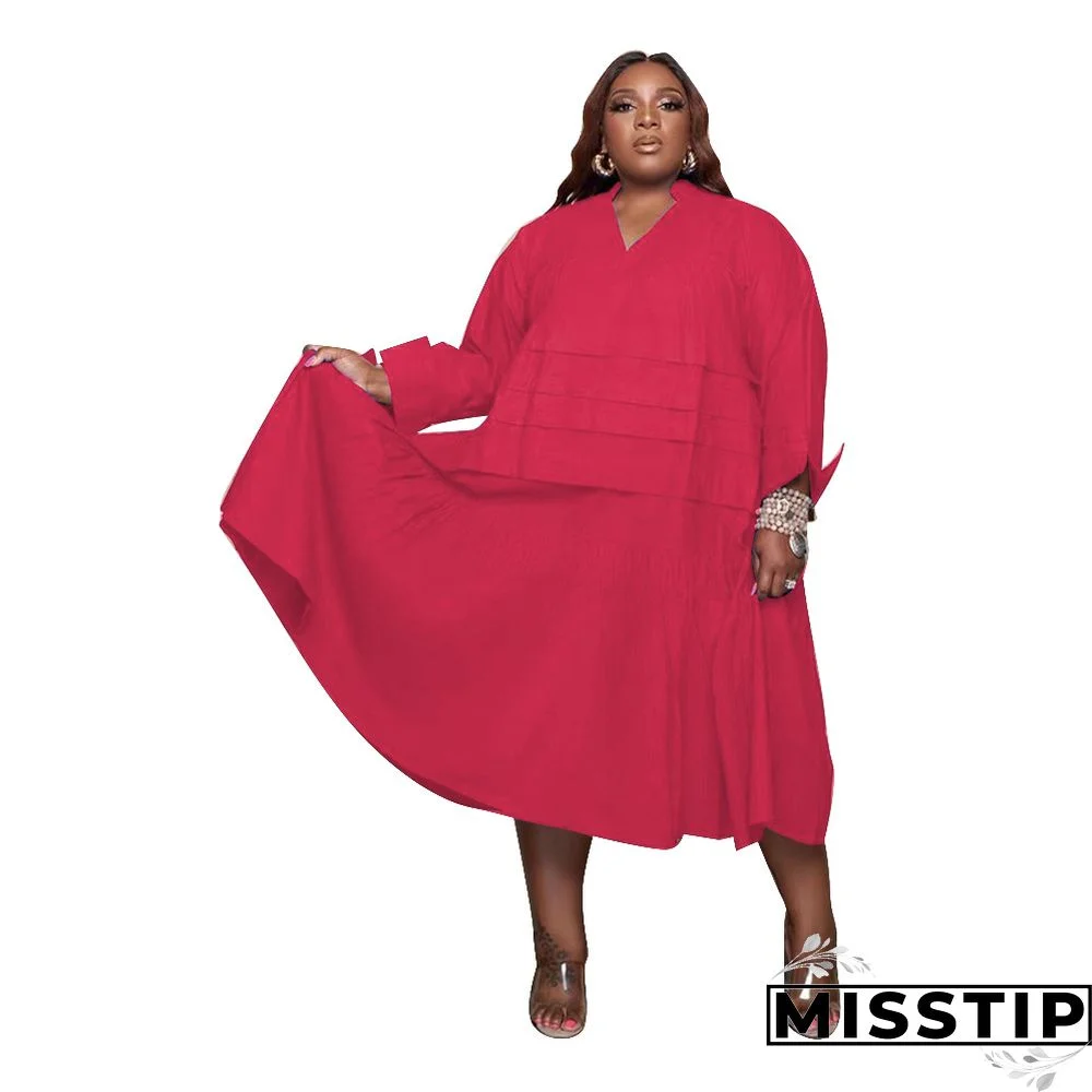 V Neck Long Sleeve Bohemian Plus Size Shirt Dress