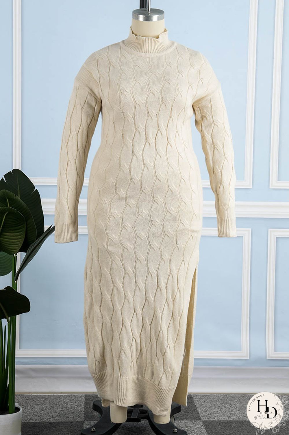 Apricot Casual Slit Mandarin Collar Dresses