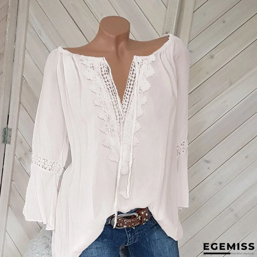 5XL Plus Size Women Casual Blouse Tops V Neck 3/4 Sleeve Loose Lace Blouse | EGEMISS