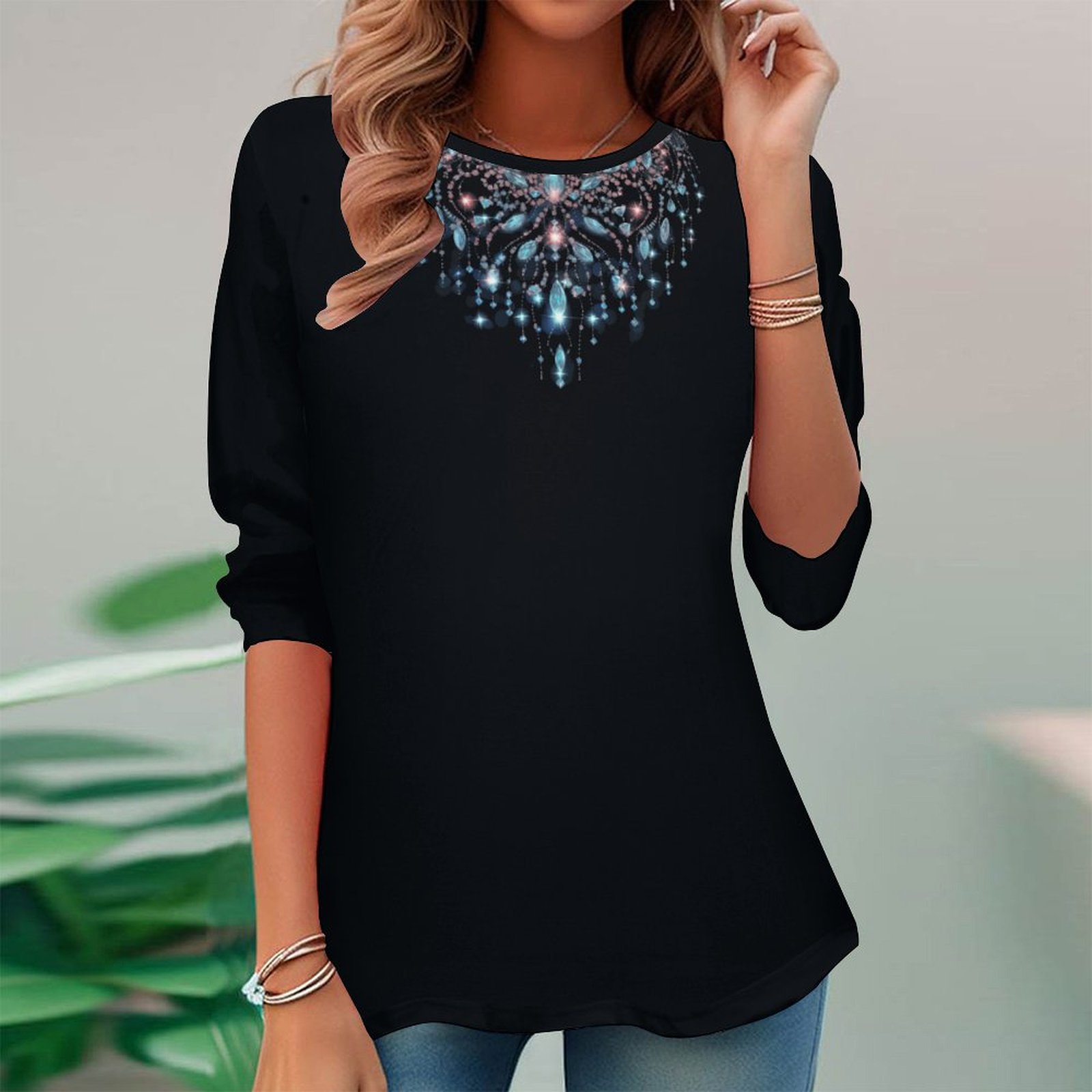 Women Long Sleeve V-neck Graphic Floral Printed Top