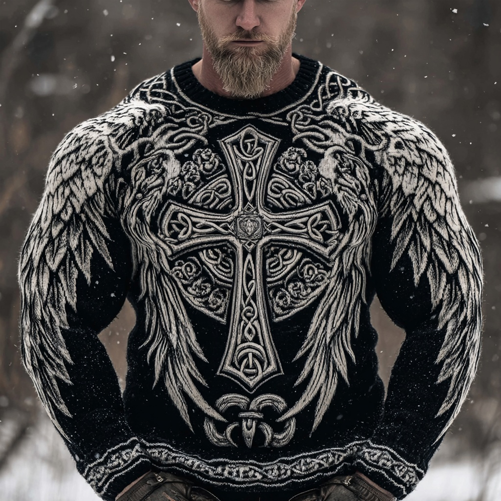 Men's Celtic Cross With Wings Viking Cozy Knit Sweater elevenforest