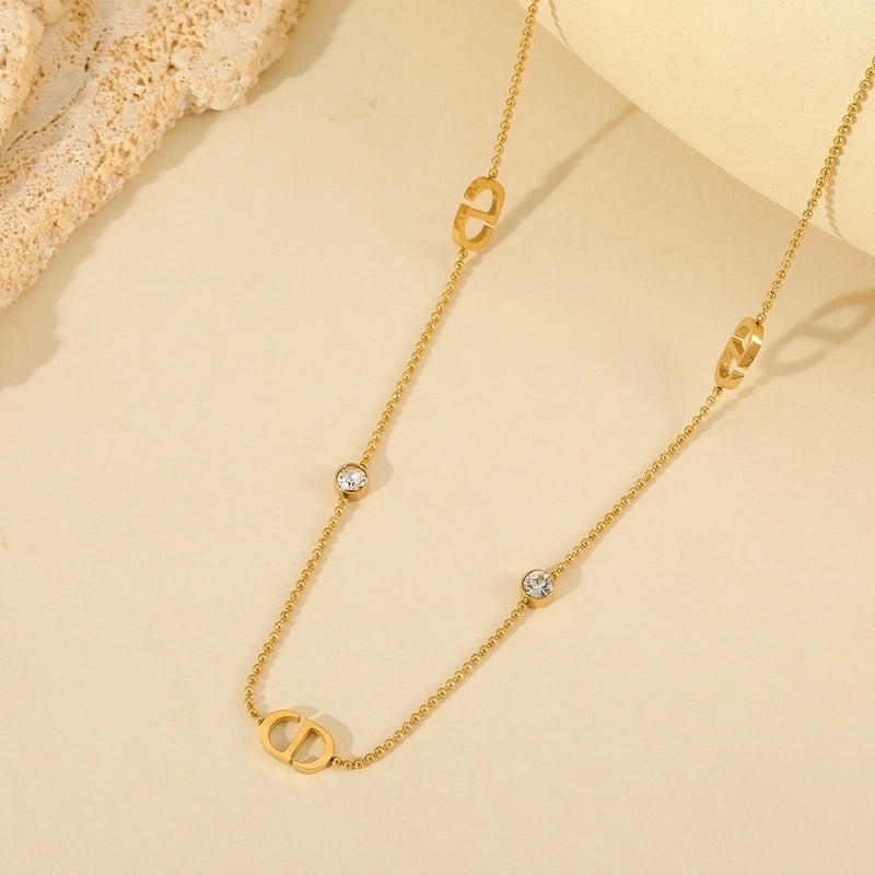Basic Minimalist Geometric 304 Stainless Steel Zircon 18K Gold Plated Inlay Jewelry Set Ball Chain