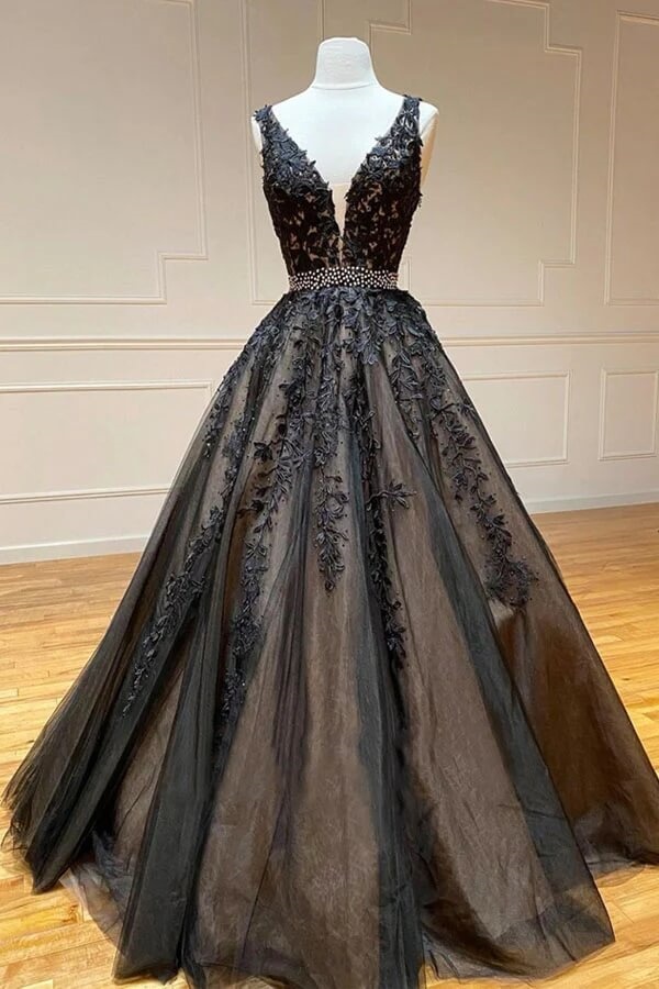 Ovlias Charming Black Wide Shoulder Straps Applique Tailored Evening Dress LY0575