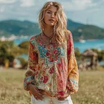 Women's Vintage Ethnic Floral Pattern Linen Round Neck Shirt - Image 2