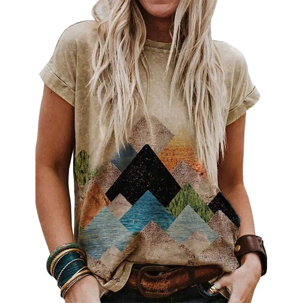 Women New Classic Style Print Summer T-shirt Retro Round Neck T-shirts Ladies Short Sleeve Loose Female Casual Tees 2021 D30