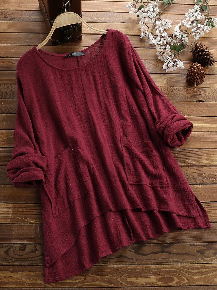 Retro Solid Color Irregular Hem Long Sleeve Shirt
