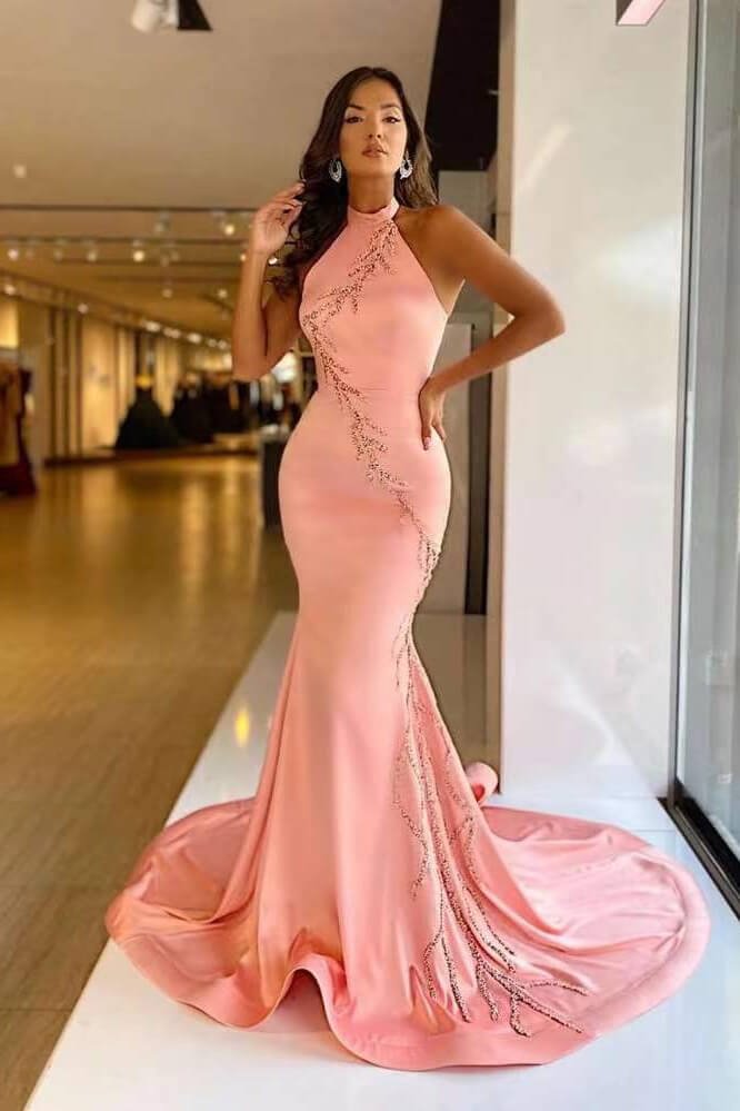 Elegant Applique Pink Mermaid Prom Dress With High Neck | Ballbellas Ballbellas