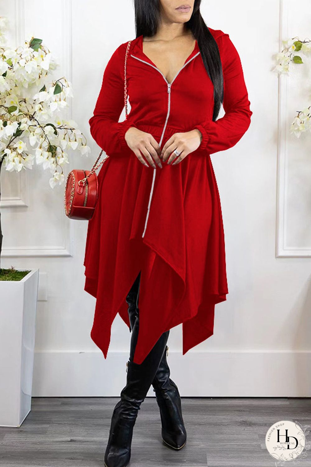 Black Casual Solid Split Joint Asymmetrical Zipper Hooded Collar Irregular Dress Dresses