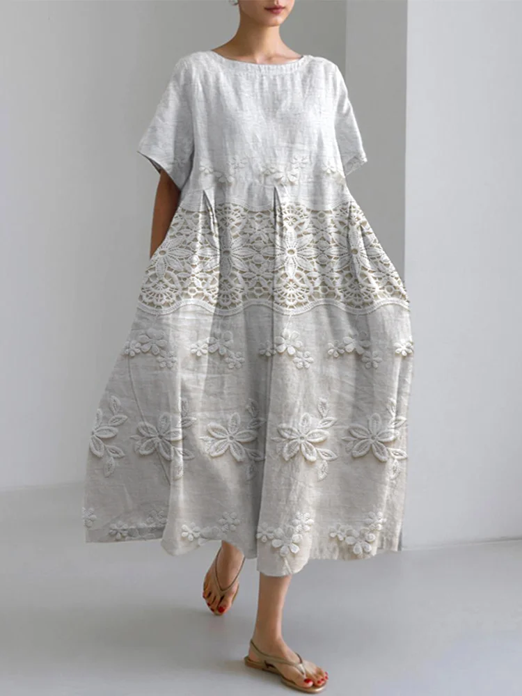 Comstylish Fashion Lace Floral Splicing Design Linen Blend Dress