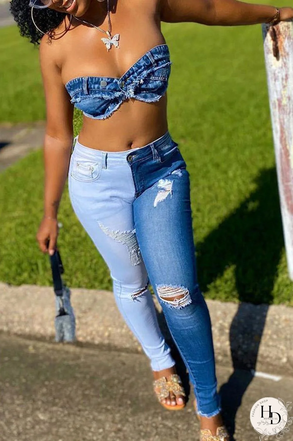 The cowboy blue Casual Color Lump Patchwork Solid Ripped Make Old Pocket Mid Waist Skinny Denim