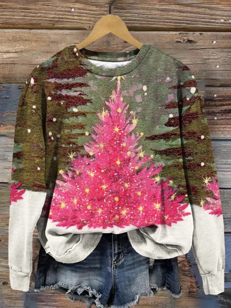 VChics Pink Christmas Tree Graphic Crew Neck Comfy Sweatshirt