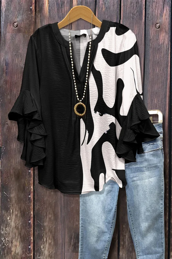 Contrast Abstract Print Ruffle Sleeve Top