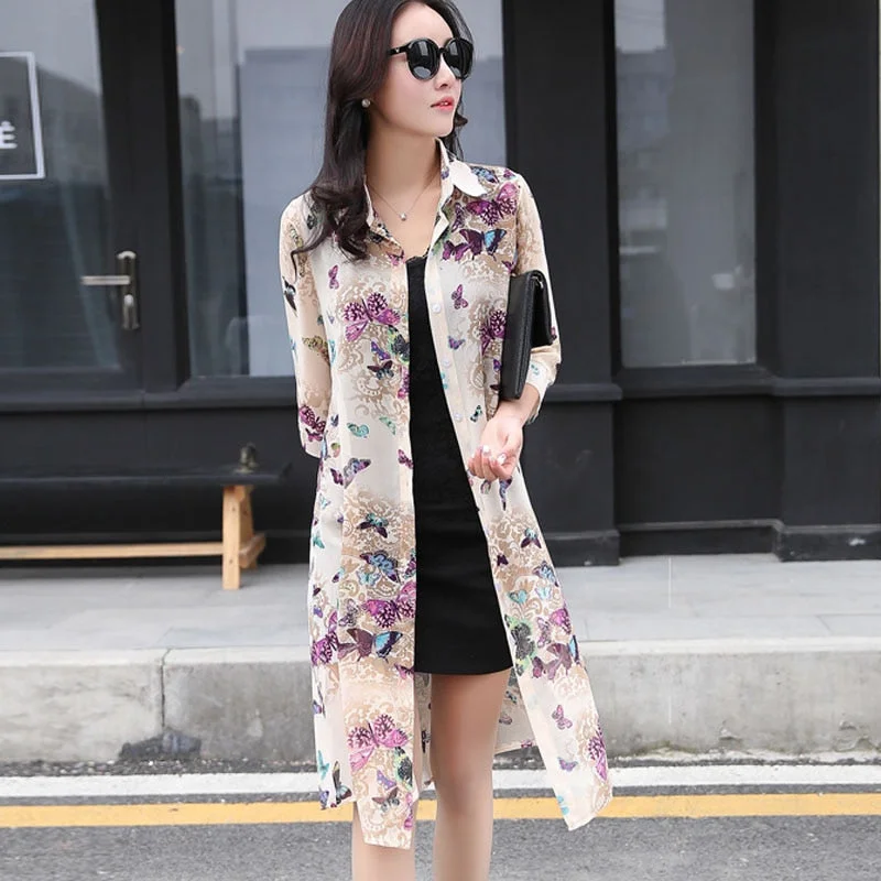 Summer Sun Protection Women Long Blouses Super Thin Floral Chiffon Cardigan Half Sleeve Loose Flower Print Blouse Shirts 4152
