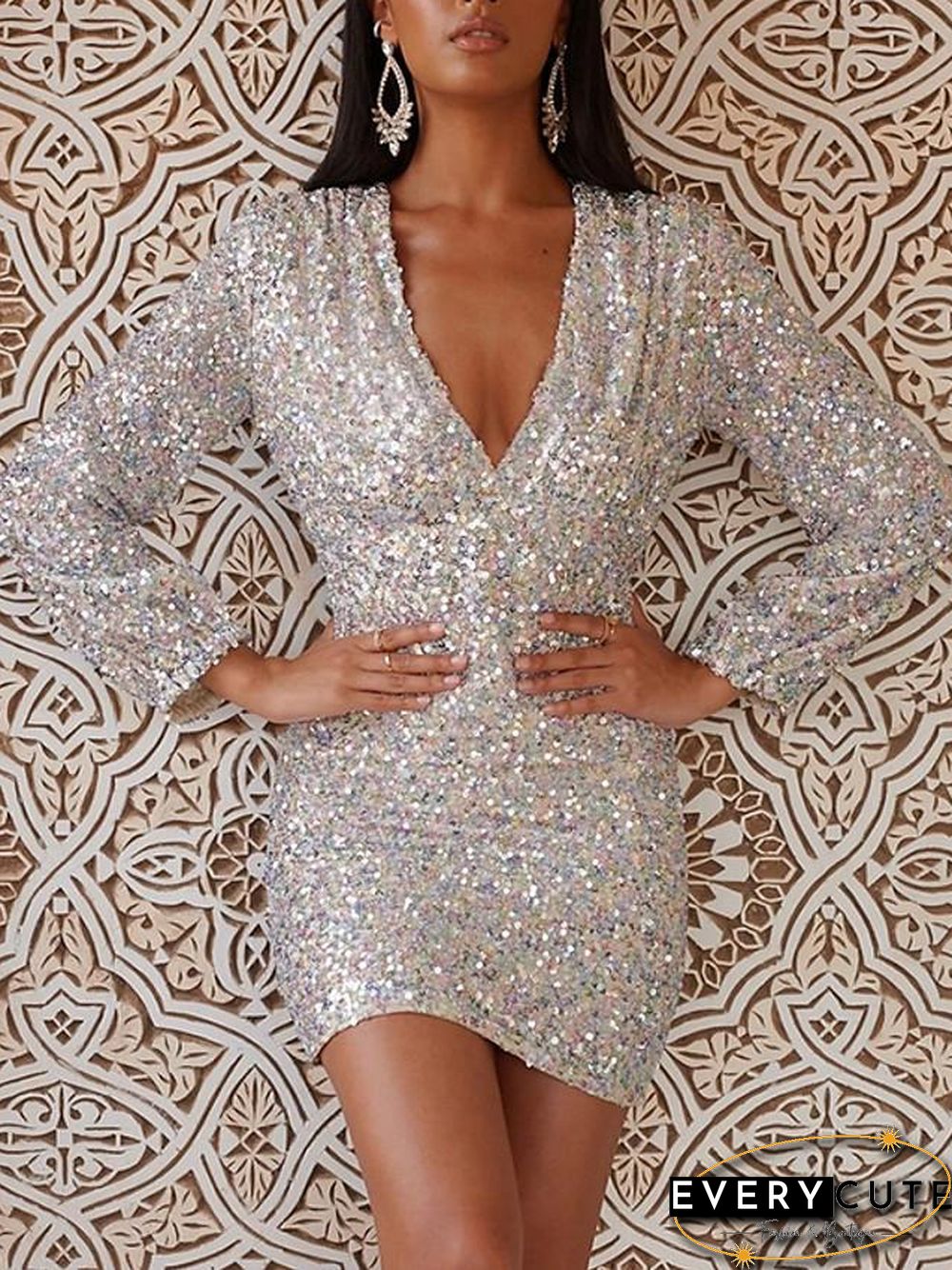 Womens Sheath Dress Short Mini Silver Long Sleeve Solid Color Print Summer Neck Hot Sexy