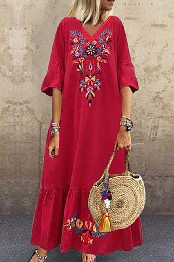 V-neck Embroidered Swing Dress - Life is Beautiful for You - SheChoic