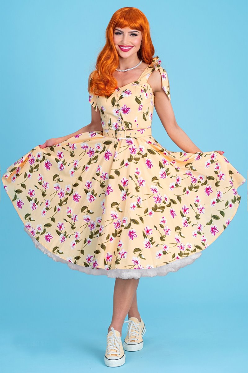 1950s Yellow Party Floral Print Cami Fitted Waist Tied Bow Straps Bell Midi Dress (With Belt) [Pre-Order]