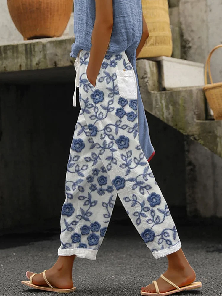 Floral Embroidery Art Linen Blend Casual Pants