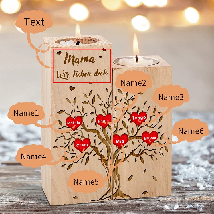 Kettenmachen Personalisierte 6 Namen & 1 Text Herz Familienbaum Muttertag Kerzenhalter-Familie Thema