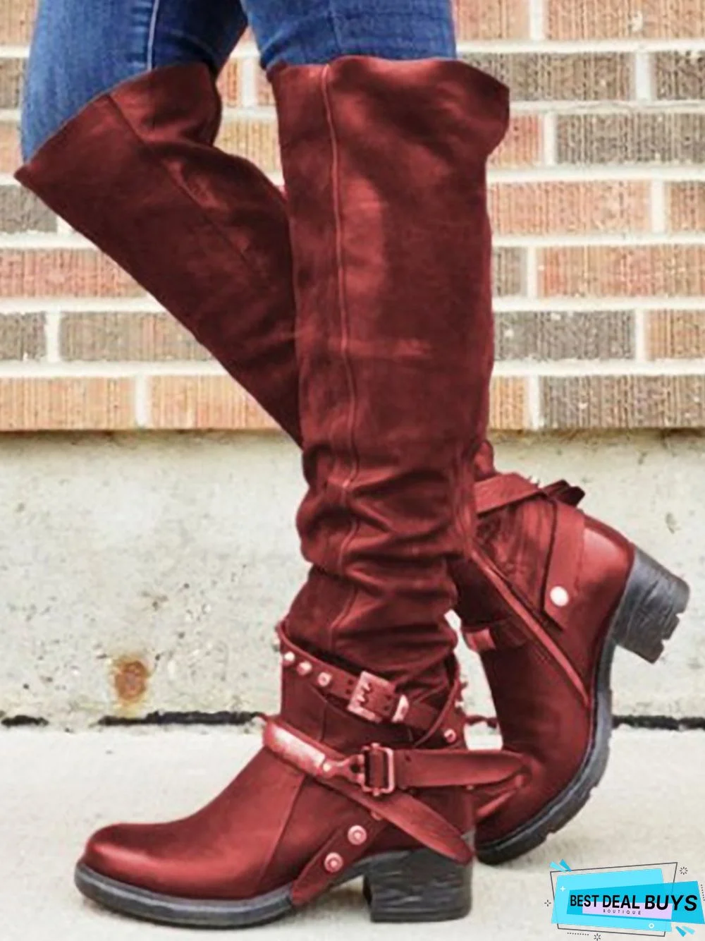 Vintage Rivet Buckle Zipper Chunky Heel Boots