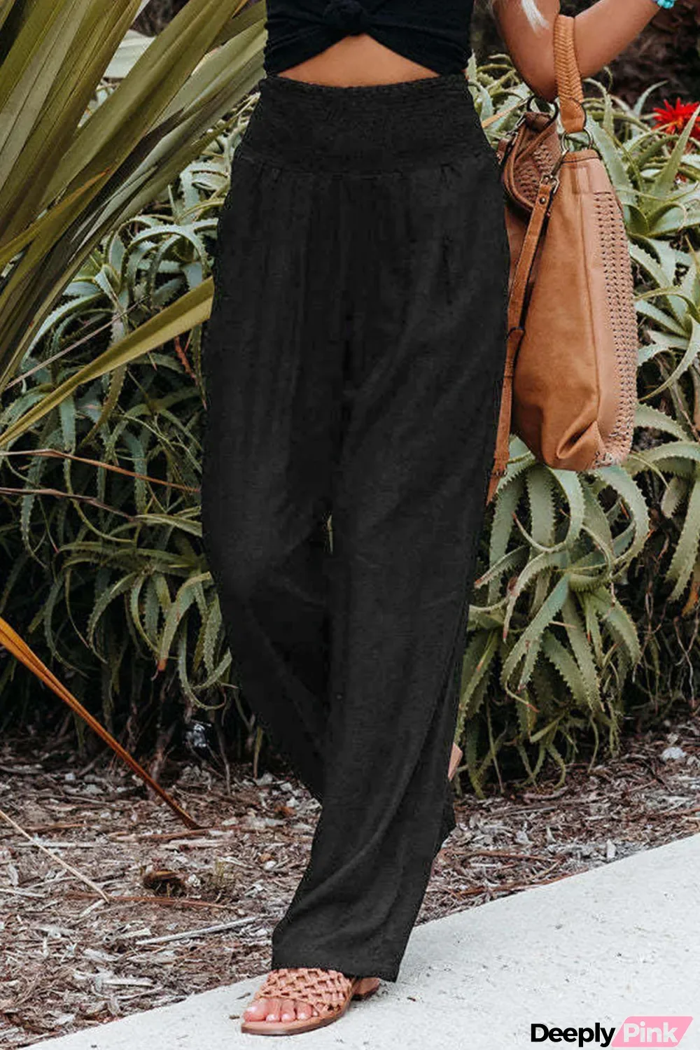 Smocked Wide Waistband High Waist Wide Leg Pants