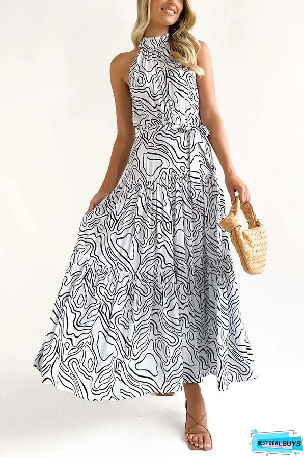 Elegant Loose Fashion Trend Print Lace Up Swing Dress