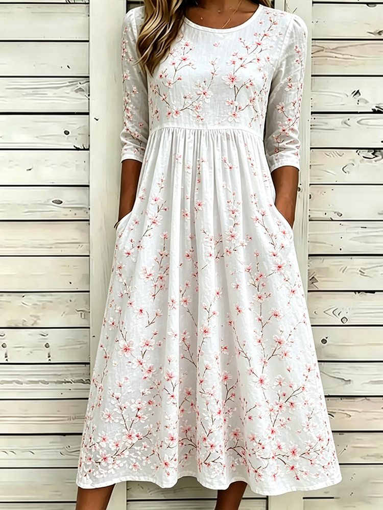 Comstylish Vintage Japanese Style Small Cherry Blossom Embroidery Linen Blend Casual Mid-sleeve Dress