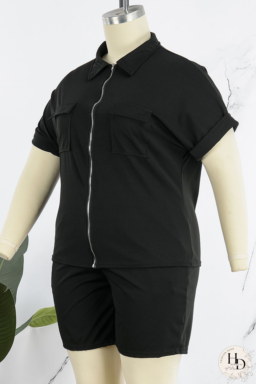 Black Casual Solid Patchwork Turndown Collar Plus Size Two Pieces