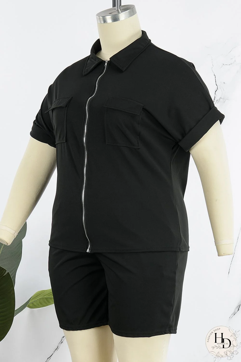 Black Casual Solid Patchwork Turndown Collar Plus Size Two Pieces