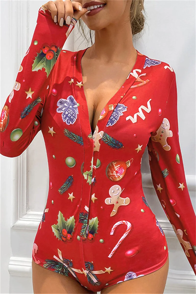 Fashion Living Print Basic V Neck Long Sleeve Skinny Romper