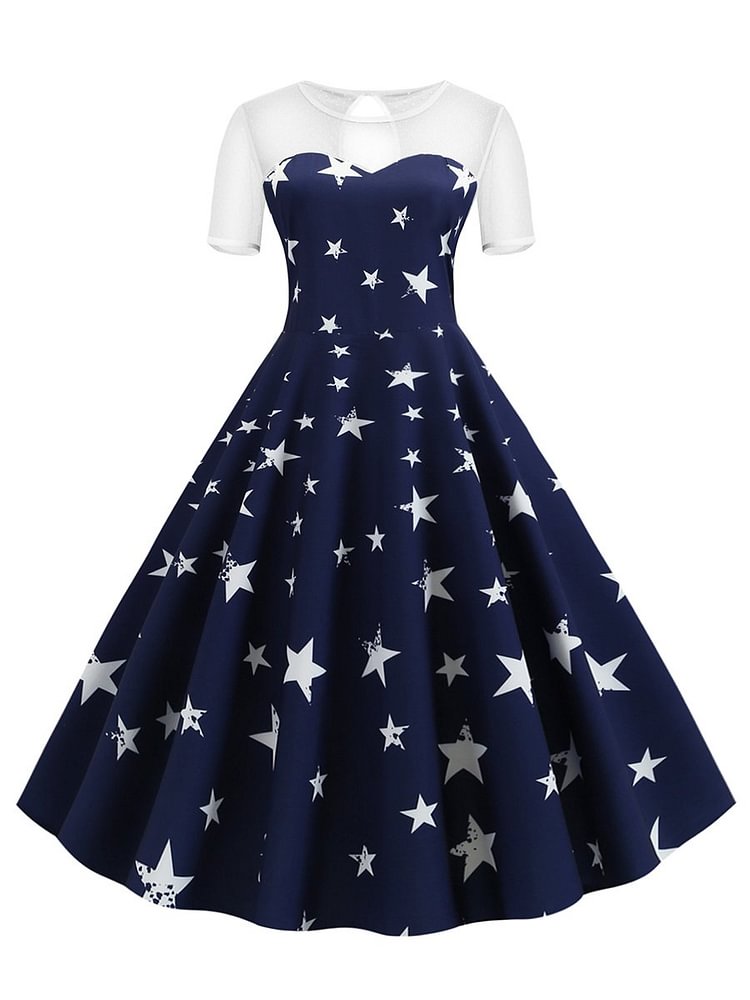 Mayoulove 1950s Dress Lace Patchwork Stars Print Dress-Mayoulove