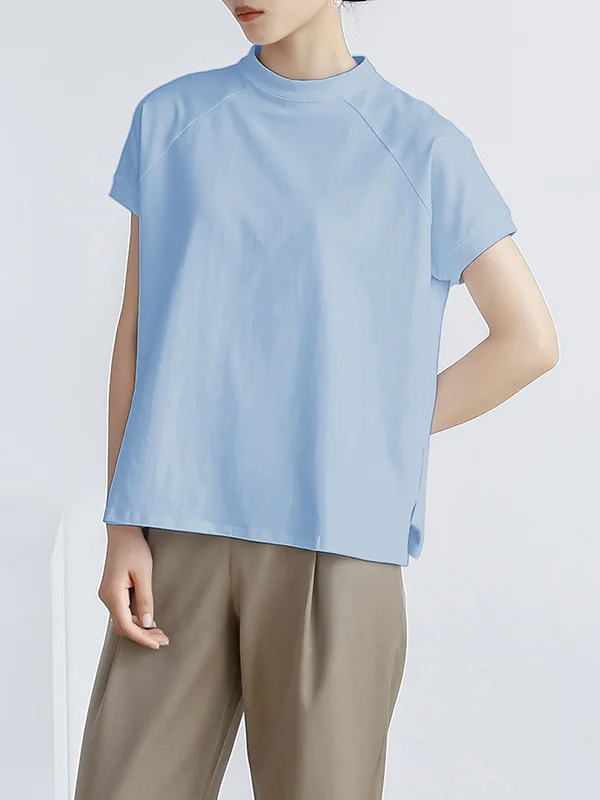 Casual Short Sleeves Loose Solid Color Stand Collar T-Shirts Tops