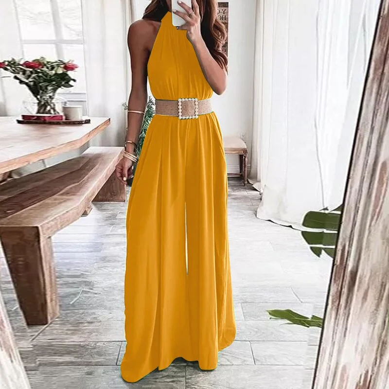 Colourp Celmia Sleeveless Sexy Jumpsuits Women 2022 Fashion Back Zipper O-neck Long Rompers Gathers Waisted Summer Wide Leg Pant Overall