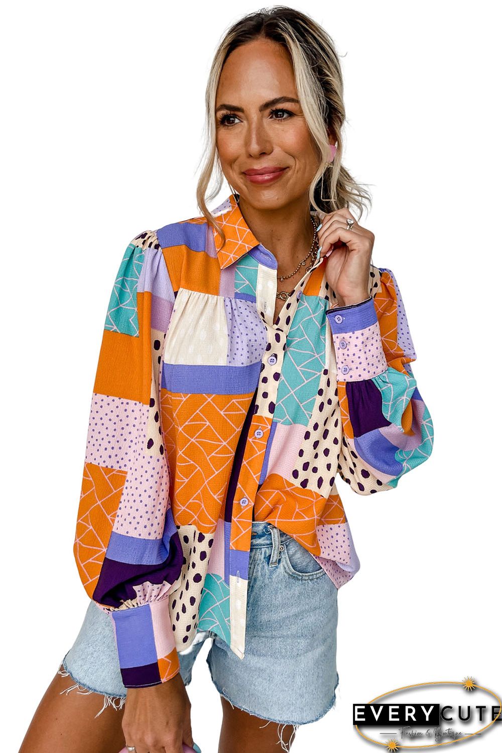 Multicolor Mixed Print Button Front Cuffed Sleeve Shirt