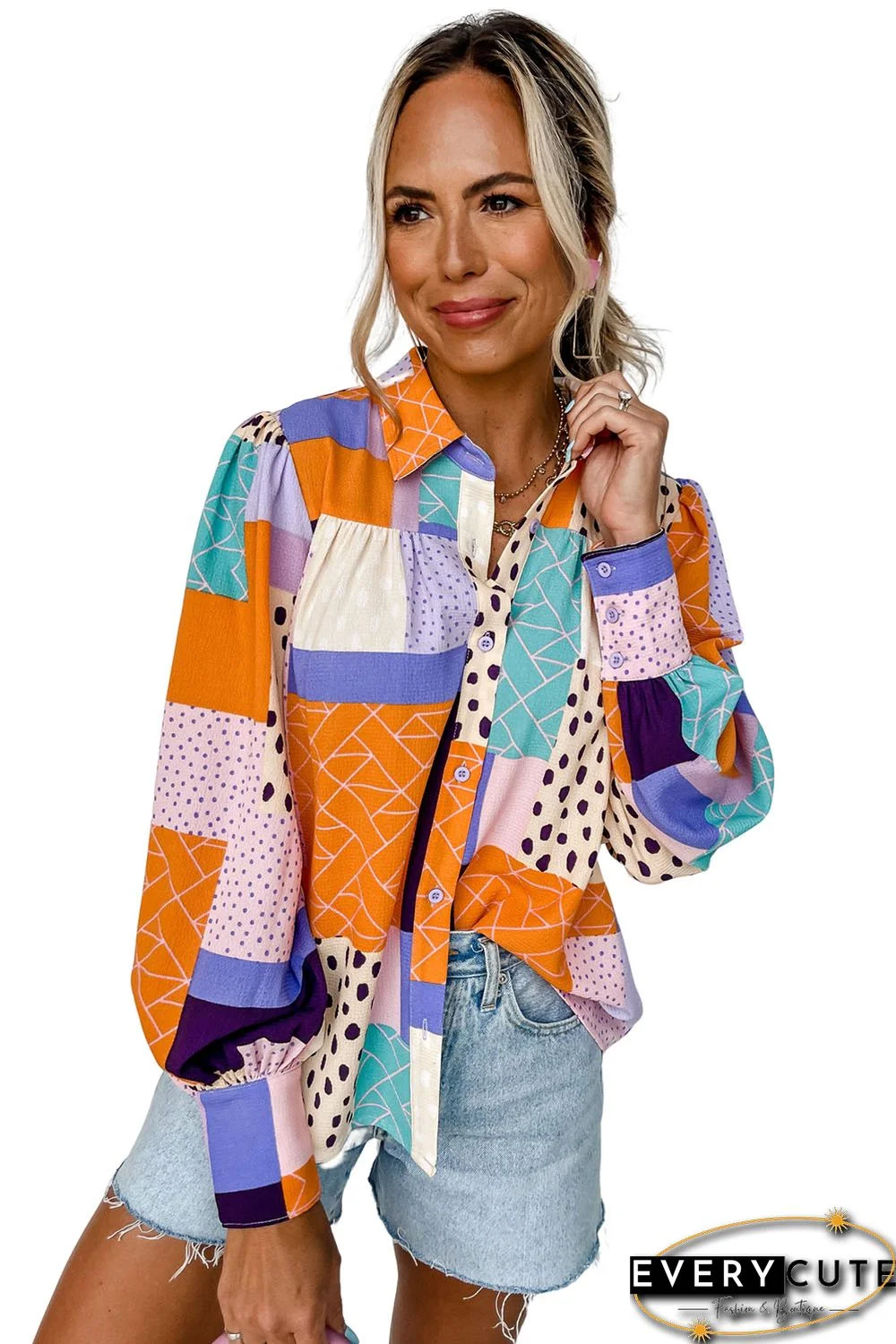 Multicolor Mixed Print Button Front Cuffed Sleeve Shirt