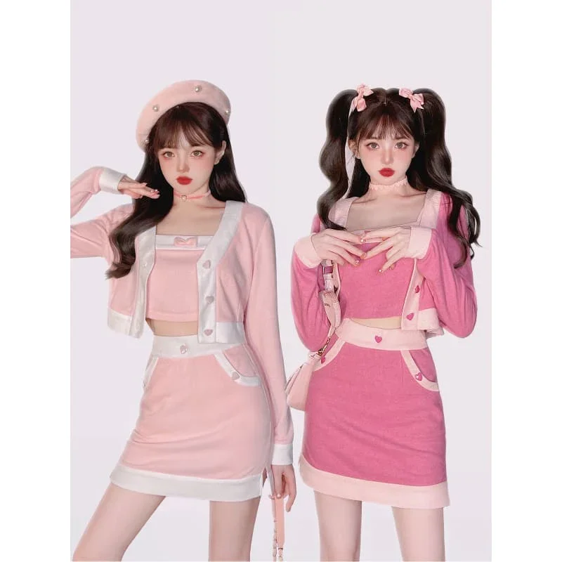 Kawaii Barbie Style Pink Hot Pink Love Hearts Cardigan Top Skirt Set ON108