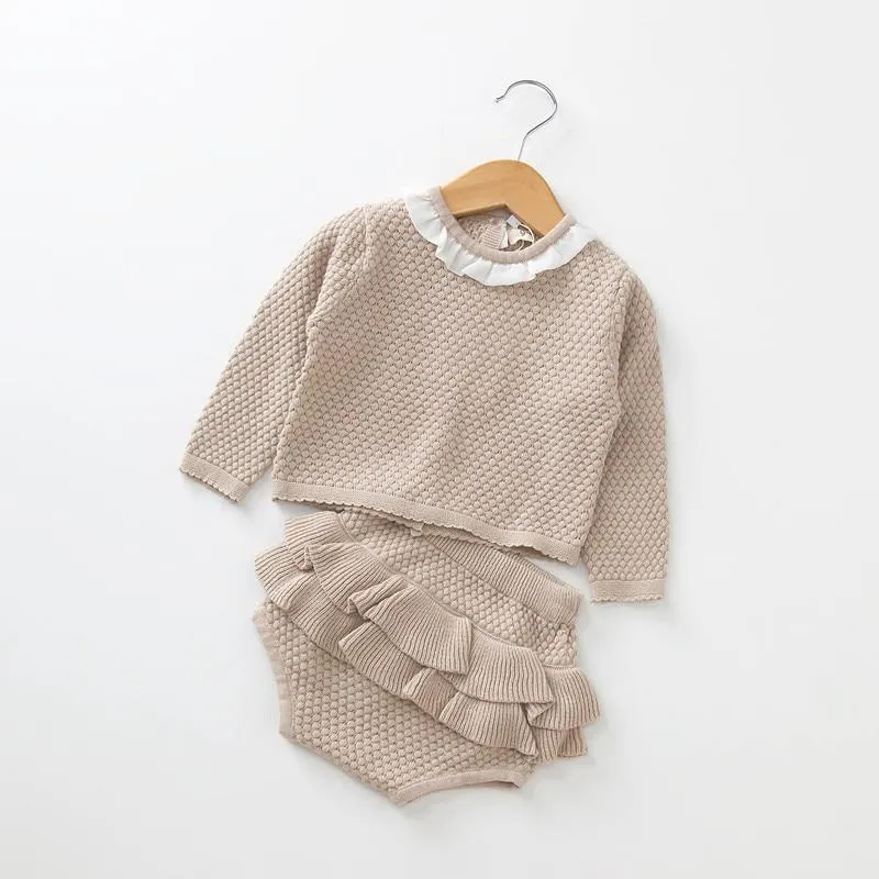 2019 Autumn Pink Knitted Suits Baby Kids Clothes Sets Sweater Girls Sets Ruffles Long Sleeve Sweater+PP Short 2Pcs Kids Suits