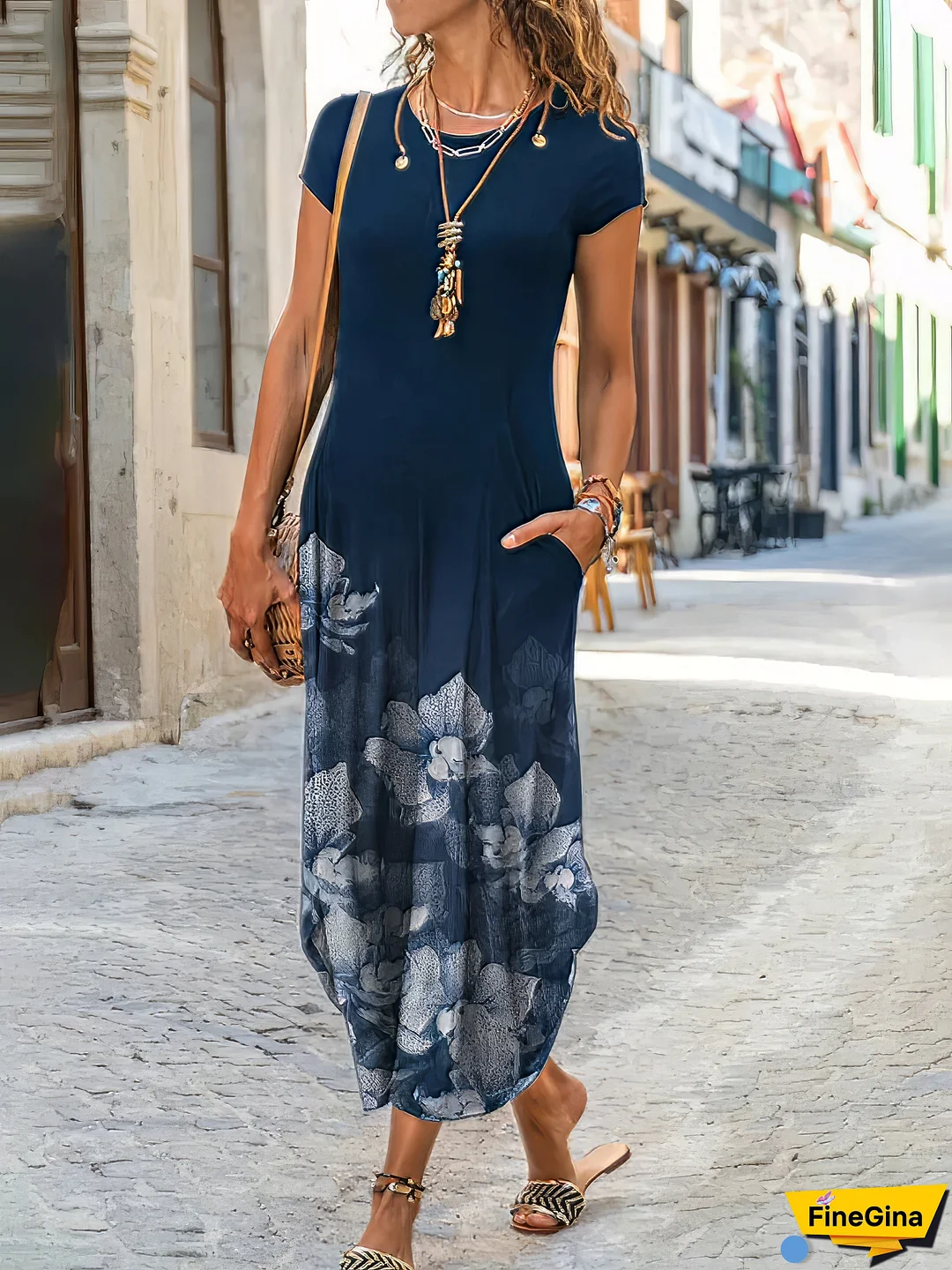 Shift Floral Pocket Print Crew Neck Casual Maxi Dress
