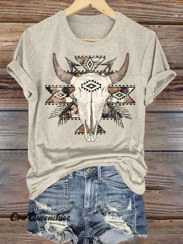Wild West Bull Skull Tribal Graphic Print T-Shirt Beige / S