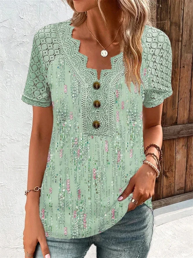 Women's Short Sleeve V-Neck Graphic Stitching Lace Top
