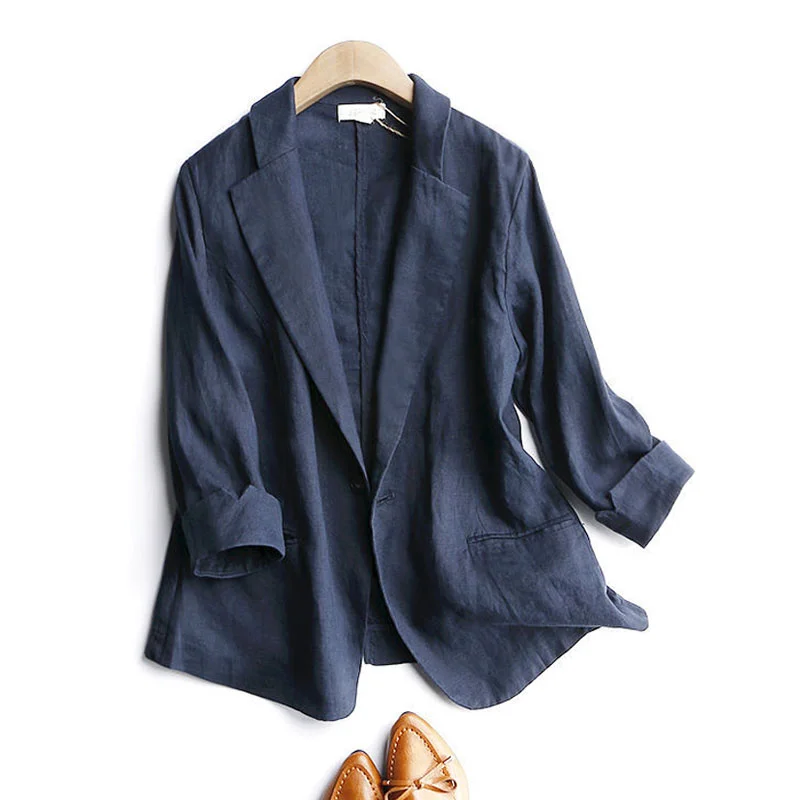 Thin 3/4-sleeve one-button linen blazer