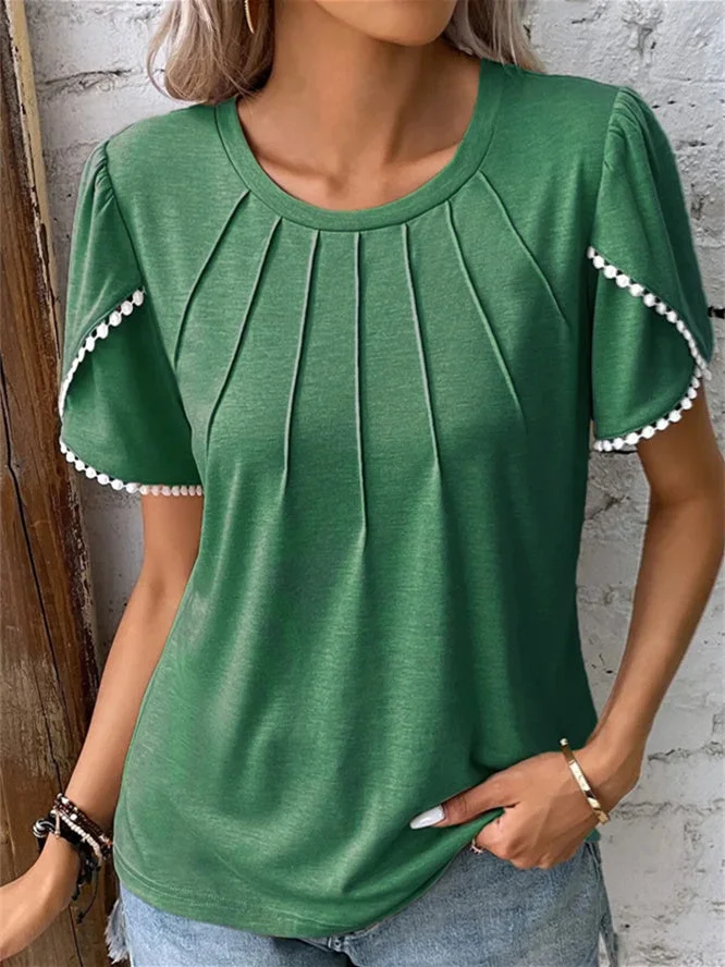 Women's Summer Short Sleeve Scoop Neck Pleated Solid Color Top