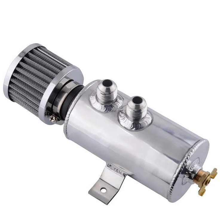 Aluminum 750ml Baffled Oil Catch Can Tank & Breather Filter 2x AN10 Twin Port Black/Silver