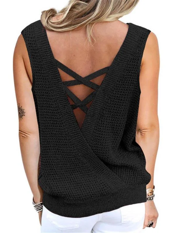 Women Sleeveless V-neck Solid Color Top Vest