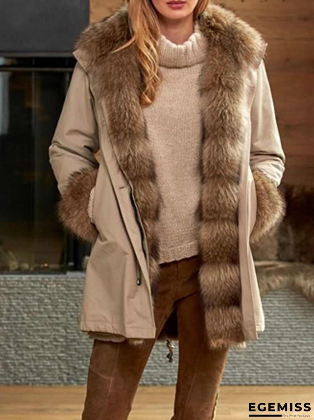 Beige Solid Knitted Turtleneck Casual plus size Sweater | EGEMISS