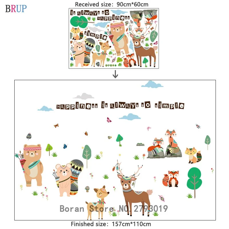 157*110cm Cartoon Friendly Animal Wall Stickers for Kids Room Bear Deer Fox Forest Animals Home Decor for Children Happy Sticker