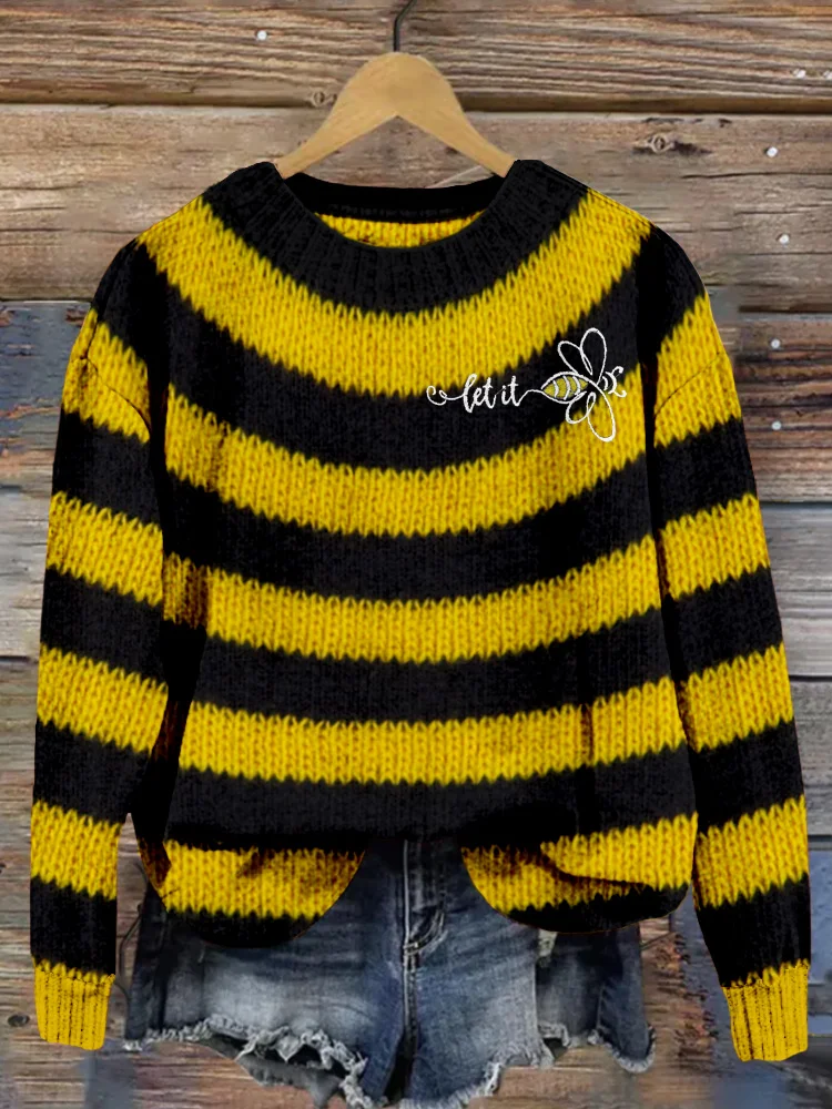 VChics Cute Bee Inspired Vintage Stripe Cozy Knit Sweater