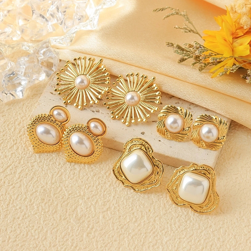 1 Pair Classical Baroque Style Sweet Irregular Geometric Plating Inlay 304 Stainless Steel Pearl 14K Gold Plated Ear Studs